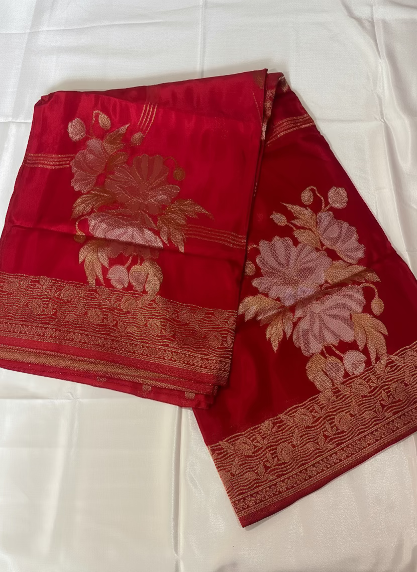 Red Banarasi Pure Mashru Silk with Meenakari Flower Design Butta - Designer Party Wear