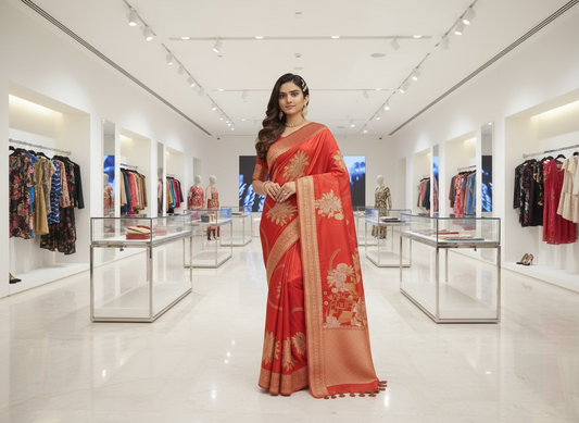 Red Banarasi Pure Mashru Silk with Meenakari Flower Design Butta - Designer Party Wear