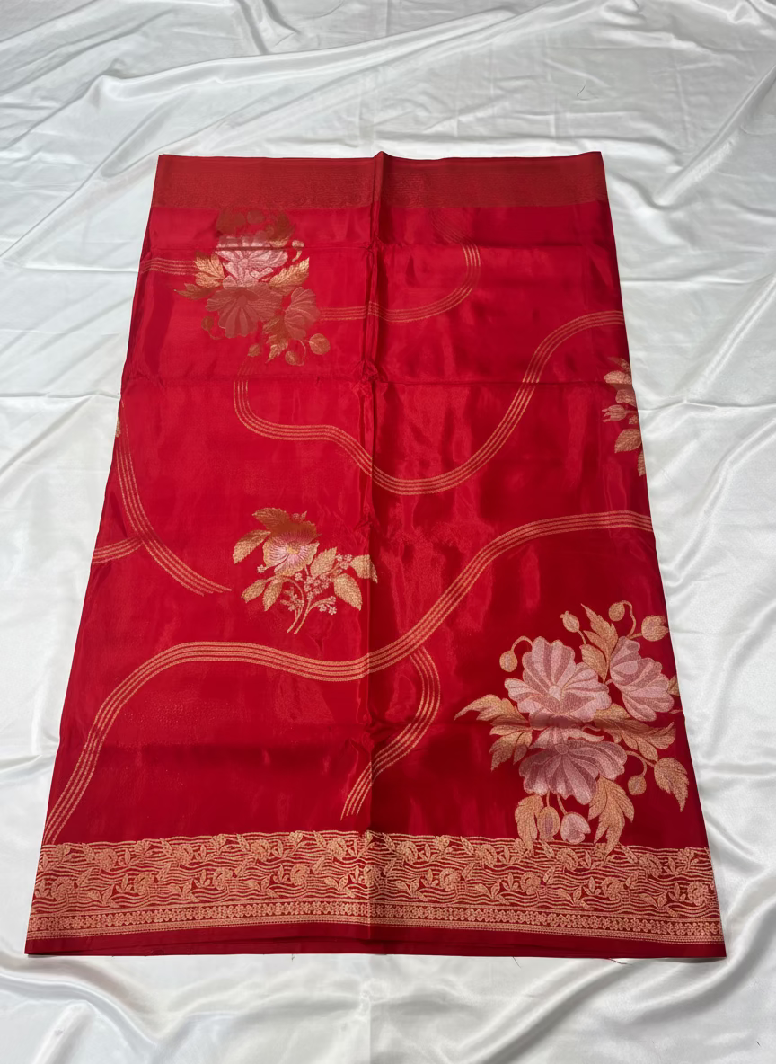 Red Banarasi Pure Mashru Silk with Meenakari Flower Design Butta - Designer Party Wear