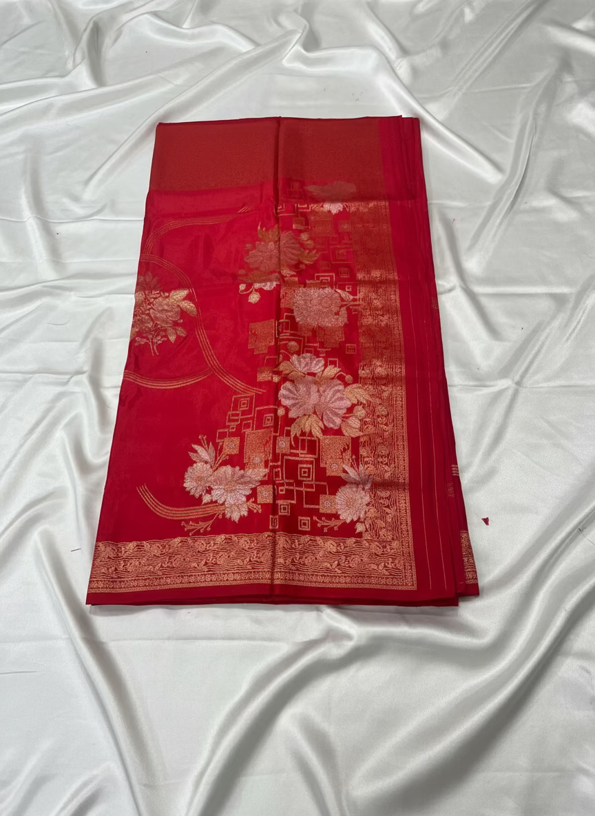 Red Banarasi Pure Mashru Silk with Meenakari Flower Design Butta - Designer Party Wear