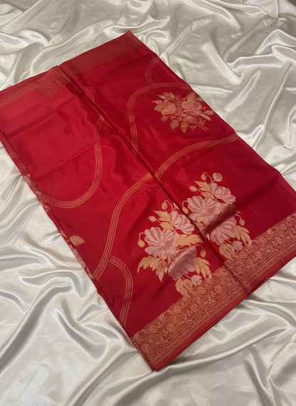 Red Banarasi Pure Mashru Silk with Meenakari Flower Design Butta - Designer Party Wear