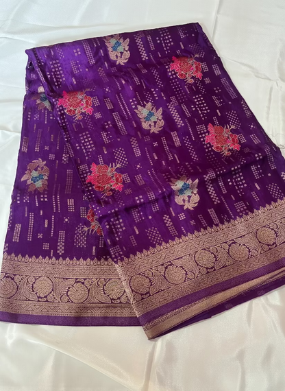 Purple Banarasi Pure Mashru Silk with Vertical Golden Pattern with Sona Rupa motifs- Designer Ethnic Wear