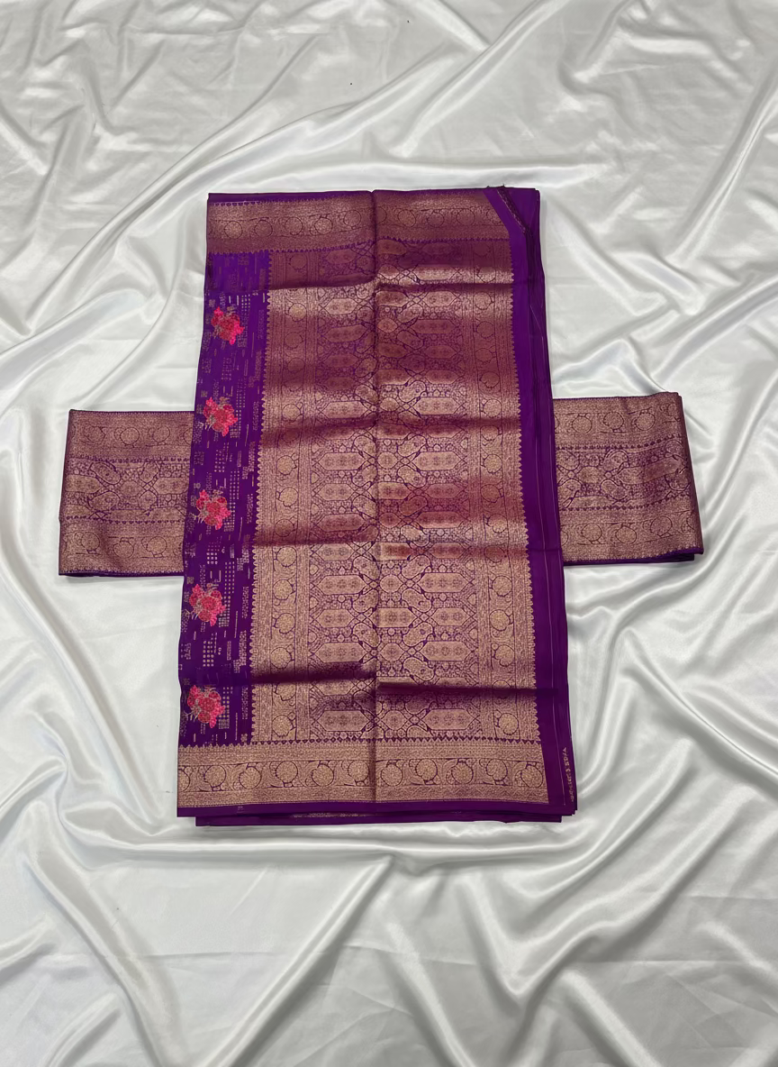 Purple Banarasi Pure Mashru Silk with Vertical Golden Pattern with Sona Rupa motifs- Designer Ethnic Wear
