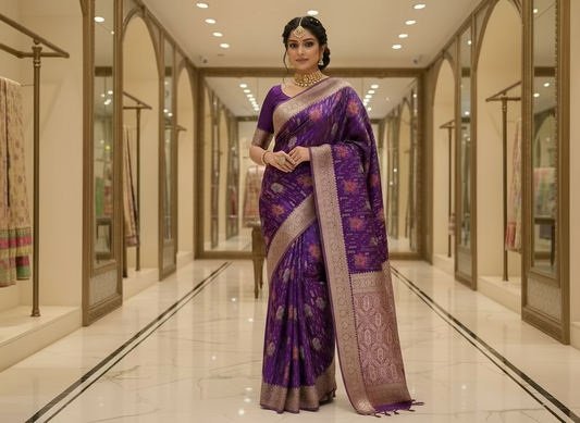 Purple Banarasi Pure Mashru Silk with Vertical Golden Pattern with Sona Rupa motifs- Designer Ethnic Wear