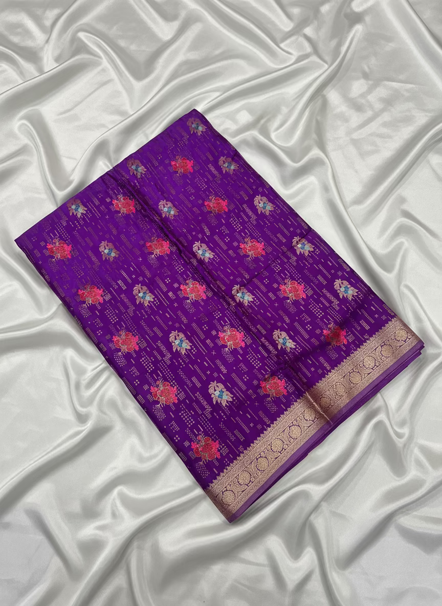 Purple Banarasi Pure Mashru Silk with Vertical Golden Pattern with Sona Rupa motifs- Designer Ethnic Wear