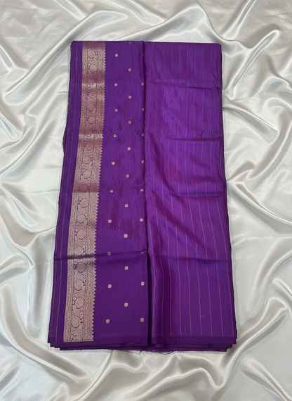 Purple Banarasi Pure Mashru Silk with Vertical Golden Pattern with Sona Rupa motifs- Designer Ethnic Wear