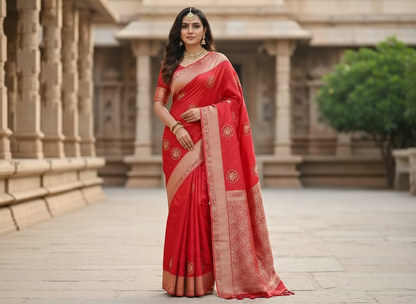 Red Banarasi Pure Mashru Silk with Tanchui Weaving & Floral Pattern - Designer Ethnic Wear