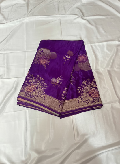 Purple Banarasi Pure Mashru Silk with Designer Sona Rupa Floral Motifs- Designer Party Wear