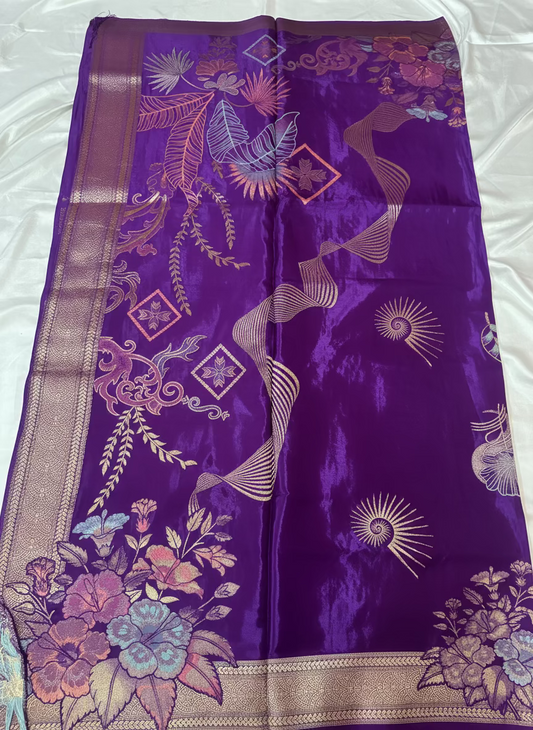 Purple Banarasi Pure Mashru Silk with Designer Sona Rupa Floral Motifs- Designer Party Wear