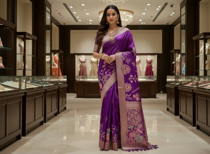 Purple Banarasi Pure Mashru Silk with Designer Sona Rupa Floral Motifs- Designer Party Wear