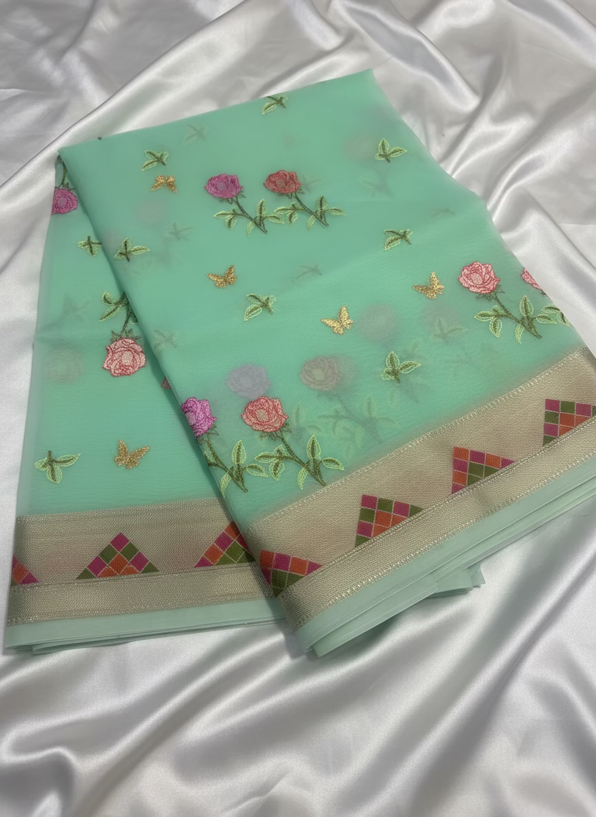 Banarasi Light Green Kora with Rose Chikankari Embroidery Work - Designer Party Wear