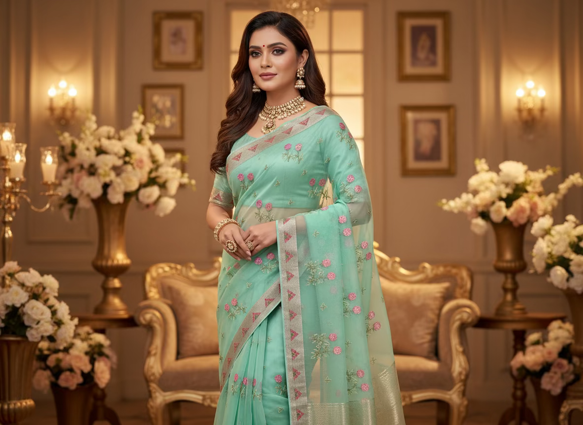 Banarasi Light Green Kora with Rose Chikankari Embroidery Work - Designer Party Wear