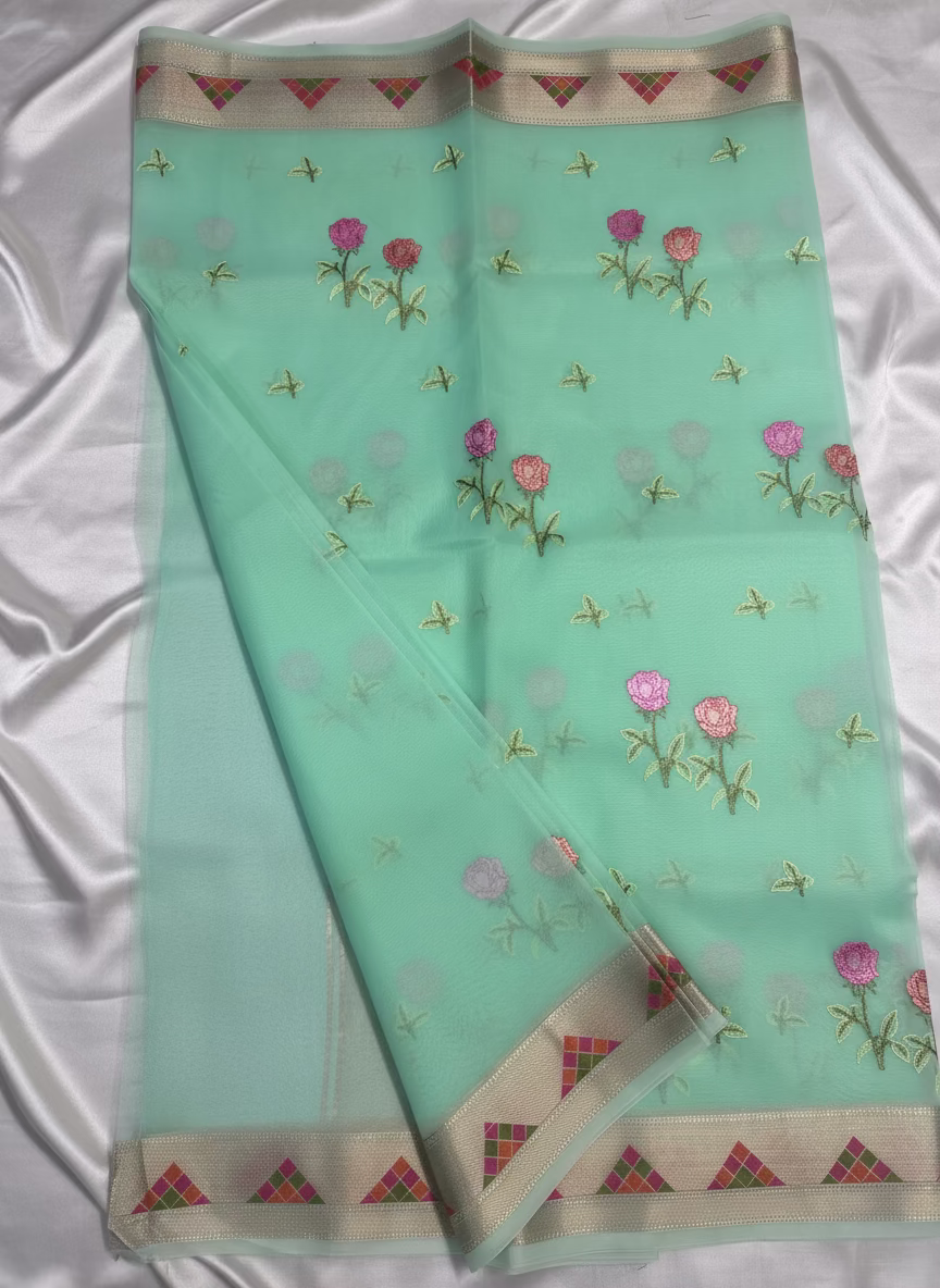 Banarasi Light Green Kora with Rose Chikankari Embroidery Work - Designer Party Wear