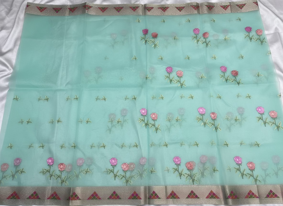 Banarasi Light Green Kora with Rose Chikankari Embroidery Work - Designer Party Wear