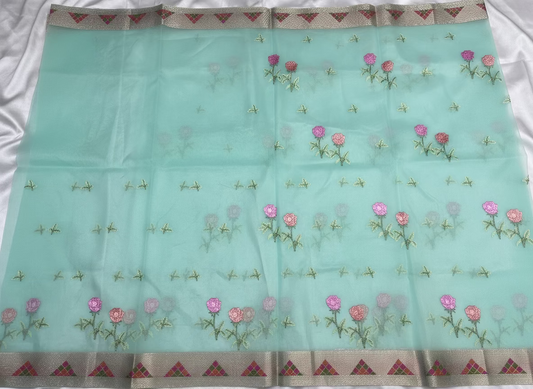 Banarasi Light Green Kora with Rose Chikankari Embroidery Work - Designer Party Wear