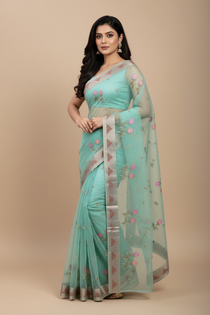 Banarasi Light Green Kora - Chikankari Embroidery