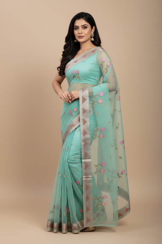 Banarasi Light Green Kora with Rose Chikankari Embroidery Work - Designer Party Wear