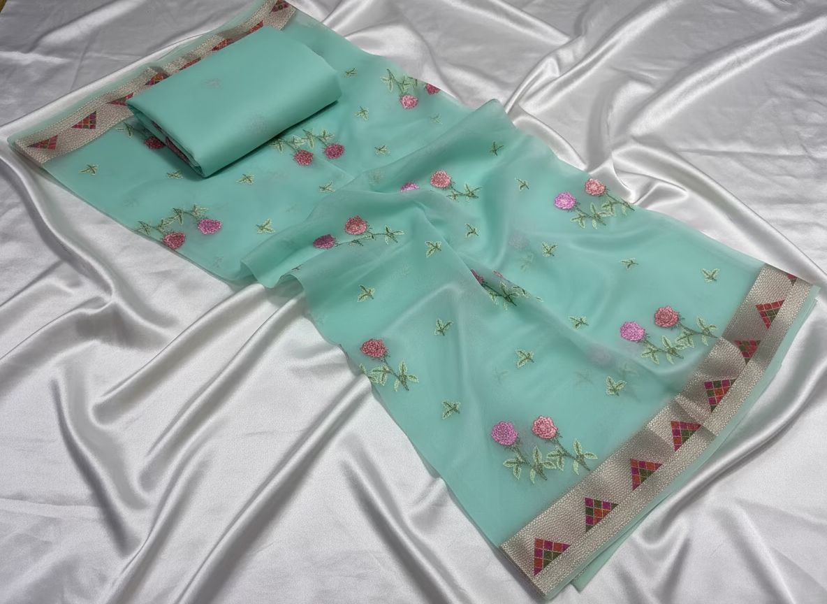 Banarasi Light Green Kora with Rose Chikankari Embroidery Work - Designer Party Wear