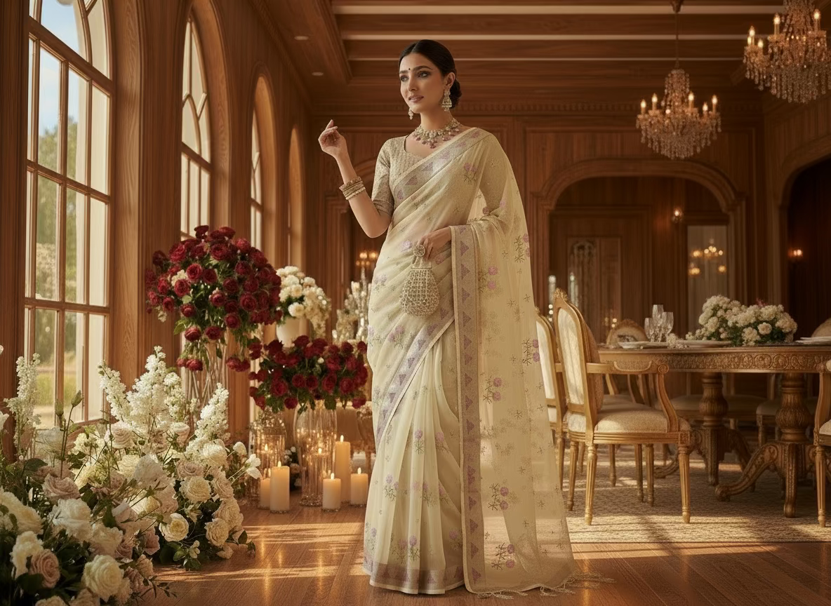 Banarasi Beige Kora with Rose Chikankari Embroidery Work - Designer Party Wear