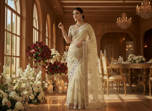 Banarasi Beige Kora with Rose Chikankari Embroidery Work - Designer Party Wear