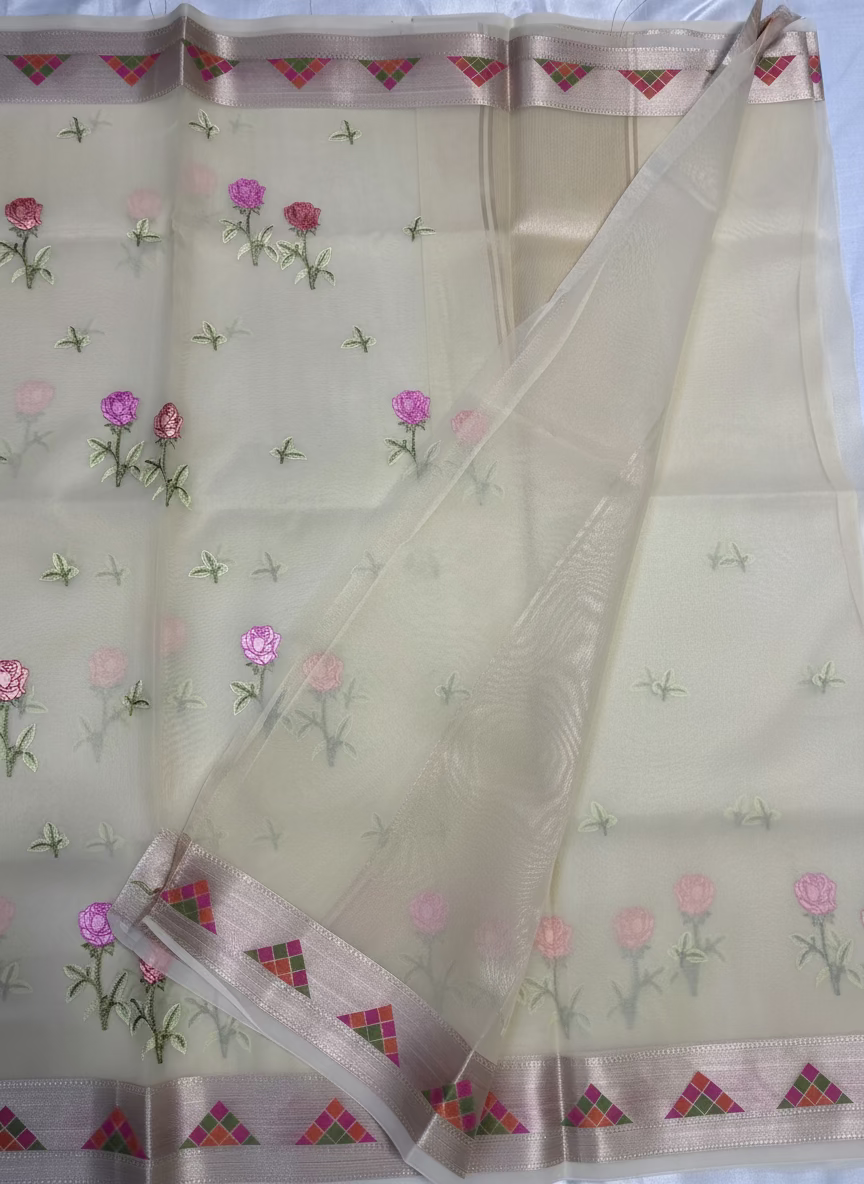 Banarasi Beige Kora with Rose Chikankari Embroidery Work - Designer Party Wear