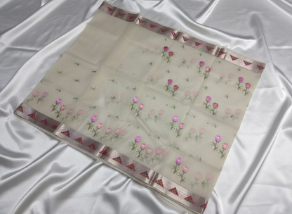 Banarasi Beige Kora with Rose Chikankari Embroidery Work - Designer Party Wear