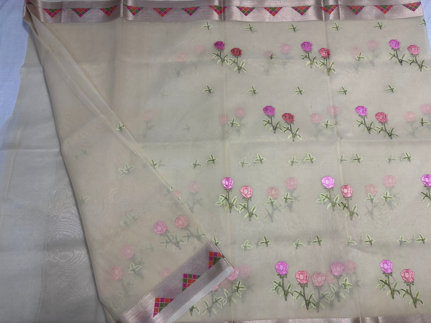 Banarasi Beige Kora with Rose Chikankari Embroidery Work - Designer Party Wear