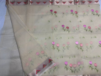 Banarasi Beige Kora with Rose Chikankari Embroidery Work - Designer Party Wear