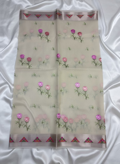 Banarasi Beige Kora with Rose Chikankari Embroidery Work - Designer Party Wear