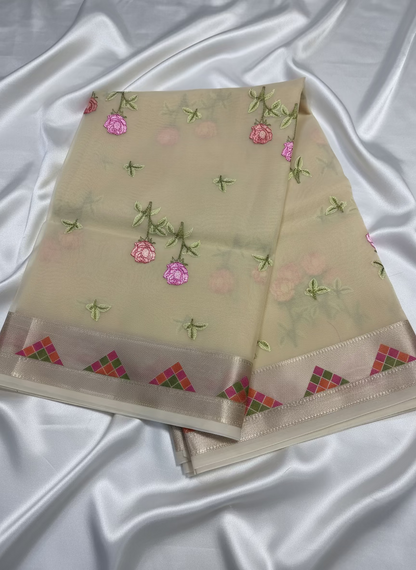 Banarasi Beige Kora with Rose Chikankari Embroidery Work - Designer Party Wear
