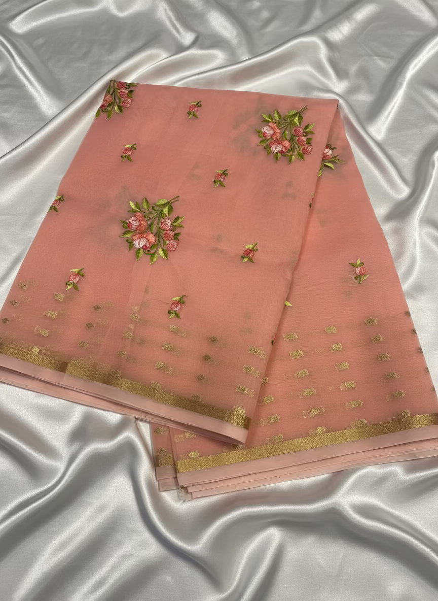Peach Banarasi Kora with Floral Chikankari Embroidery Work & Parsi Butta Border - Designer Party Wear