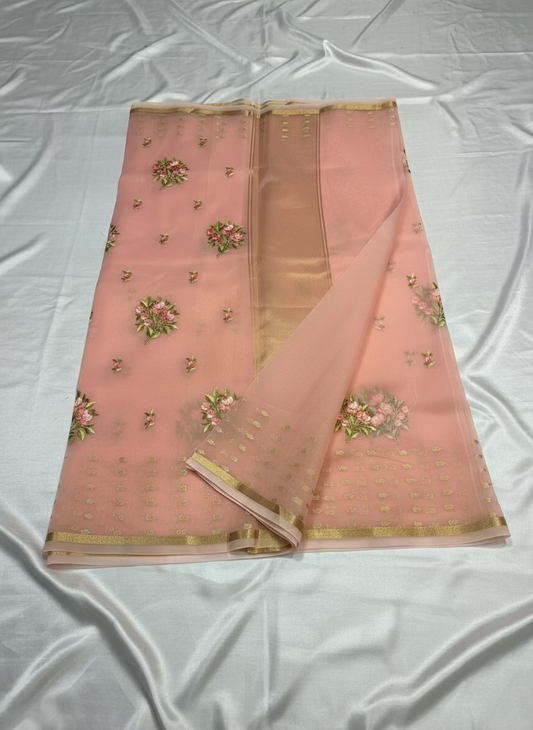 Peach Banarasi Kora with Floral Chikankari Embroidery Work & Parsi Butta Border - Designer Party Wear