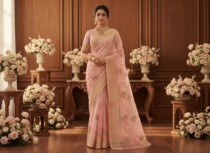 Peach Banarasi Kora with Floral Chikankari Embroidery Work & Parsi Butta Border - Designer Party Wear