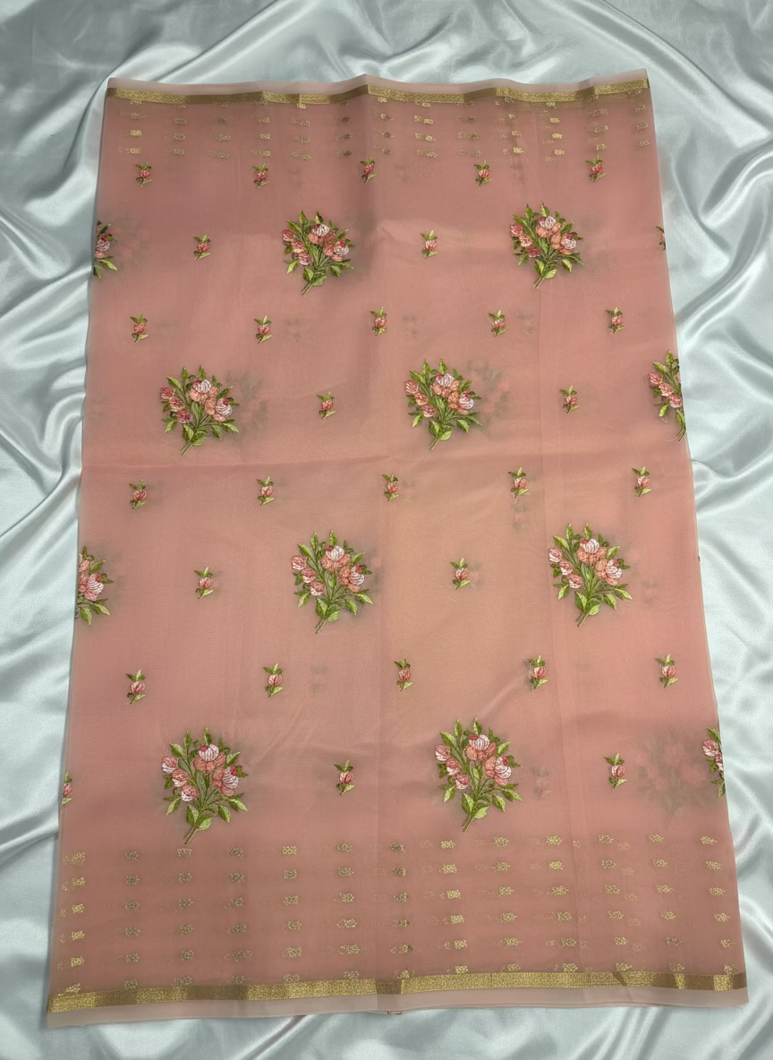 Peach Banarasi Kora with Floral Chikankari Embroidery Work & Parsi Butta Border - Designer Party Wear