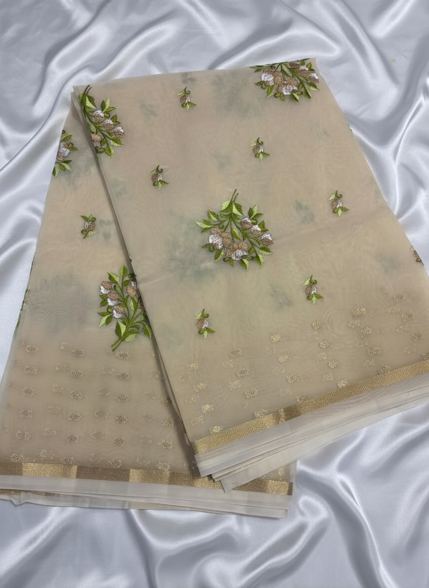 Beige Banarasi Kora with Floral Chikankari Embroidery Work & Parsi Butta Border - Designer Party Wear