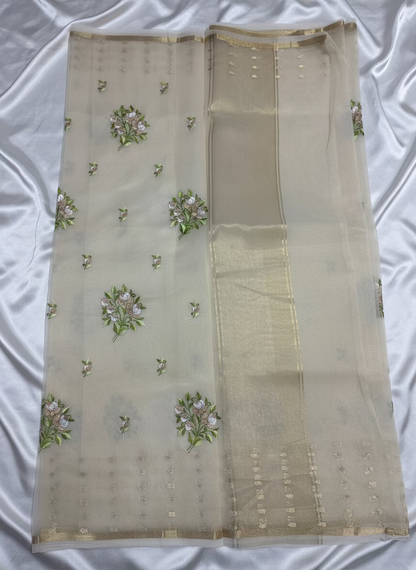 Beige Banarasi Kora with Floral Chikankari Embroidery Work & Parsi Butta Border - Designer Party Wear