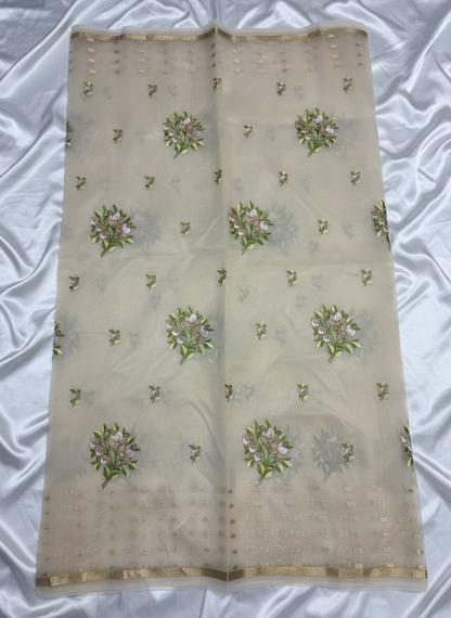 Beige Banarasi Kora with Floral Chikankari Embroidery Work & Parsi Butta Border - Designer Party Wear