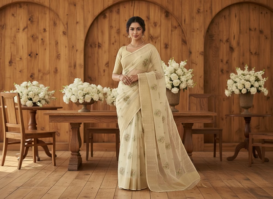 Beige Banarasi Kora with Floral Chikankari Embroidery Work & Parsi Butta Border - Designer Party Wear