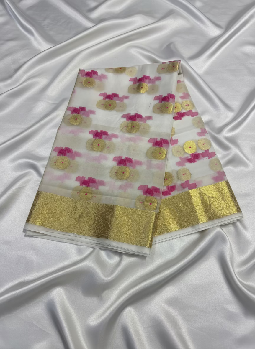 White Banarasi Kora Organza Silk with Gold & Pink Meena Butta Saree - Designer Party Wear