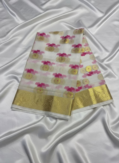 White Banarasi Kora Organza Silk with Gold & Pink Meena Butta Saree - Designer Party Wear