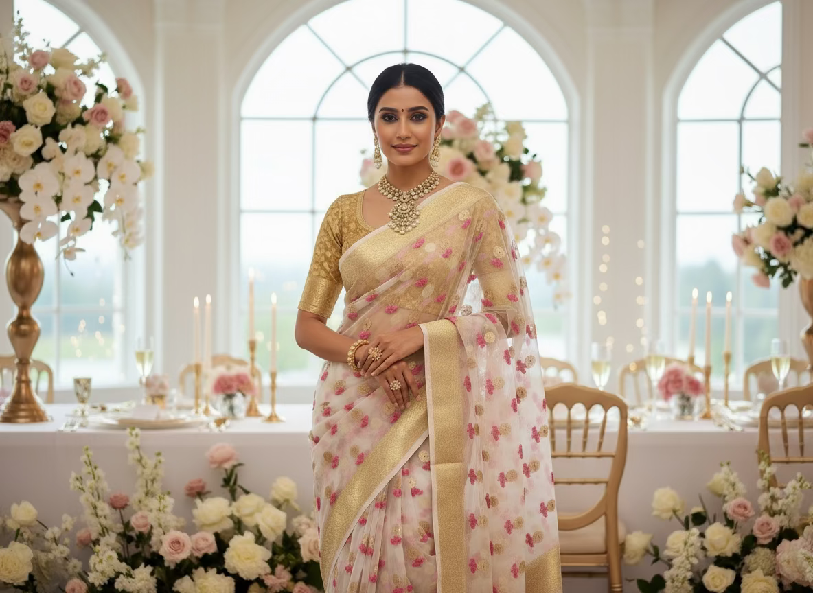 White Banarasi Kora Organza Silk with Gold & Pink Meena Butta Saree - Designer Party Wear