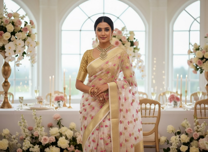 White Banarasi Kora Organza Silk with Gold & Pink Meena Butta Saree - Designer Party Wear