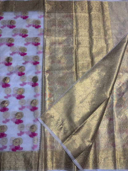 White Banarasi Kora Organza Silk with Gold & Pink Meena Butta Saree - Designer Party Wear