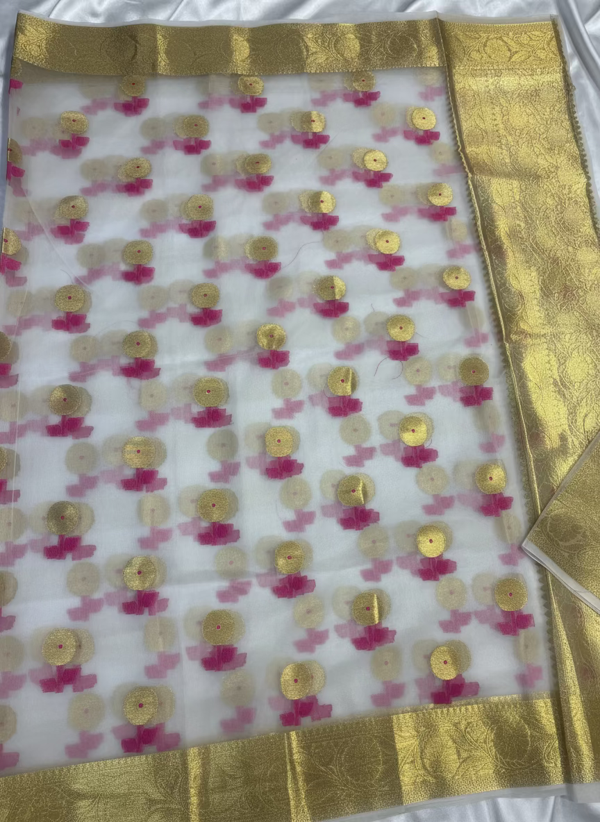 White Banarasi Kora Organza Silk with Gold & Pink Meena Butta Saree - Designer Party Wear