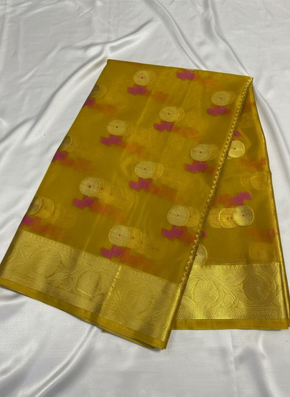 Mustard Yellow Banarasi Kora Organza Silk with Gold & Pink Meena Butta Saree - Designer Party Wear