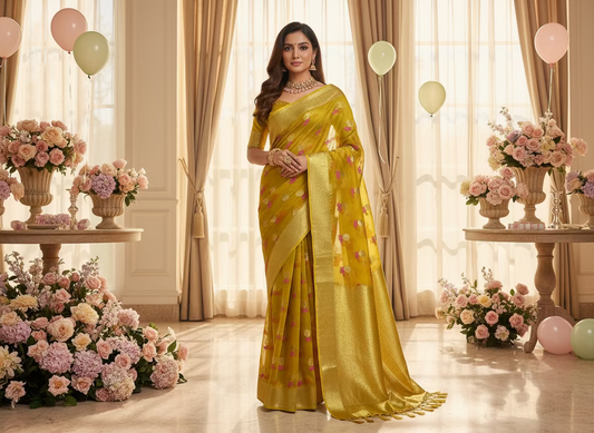 Mustard Yellow Banarasi Kora Organza Silk with Gold & Pink Meena Butta Saree - Designer Party Wear