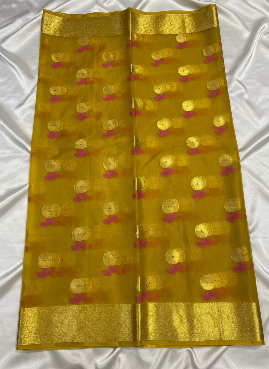 Mustard Yellow Banarasi Kora Organza Silk with Gold & Pink Meena Butta Saree - Designer Party Wear