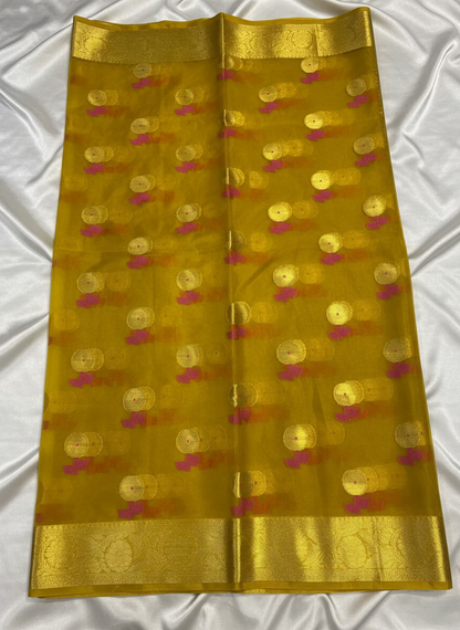 Mustard Yellow Banarasi Kora Organza Silk with Gold & Pink Meena Butta Saree - Designer Party Wear