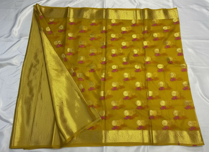 Mustard Yellow Banarasi Kora Organza Silk with Gold & Pink Meena Butta Saree - Designer Party Wear