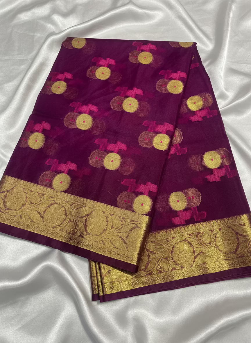 Dark Purple Banarasi Kora Organza Silk with Gold & Pink Meena Butta Saree - Designer Party Wear